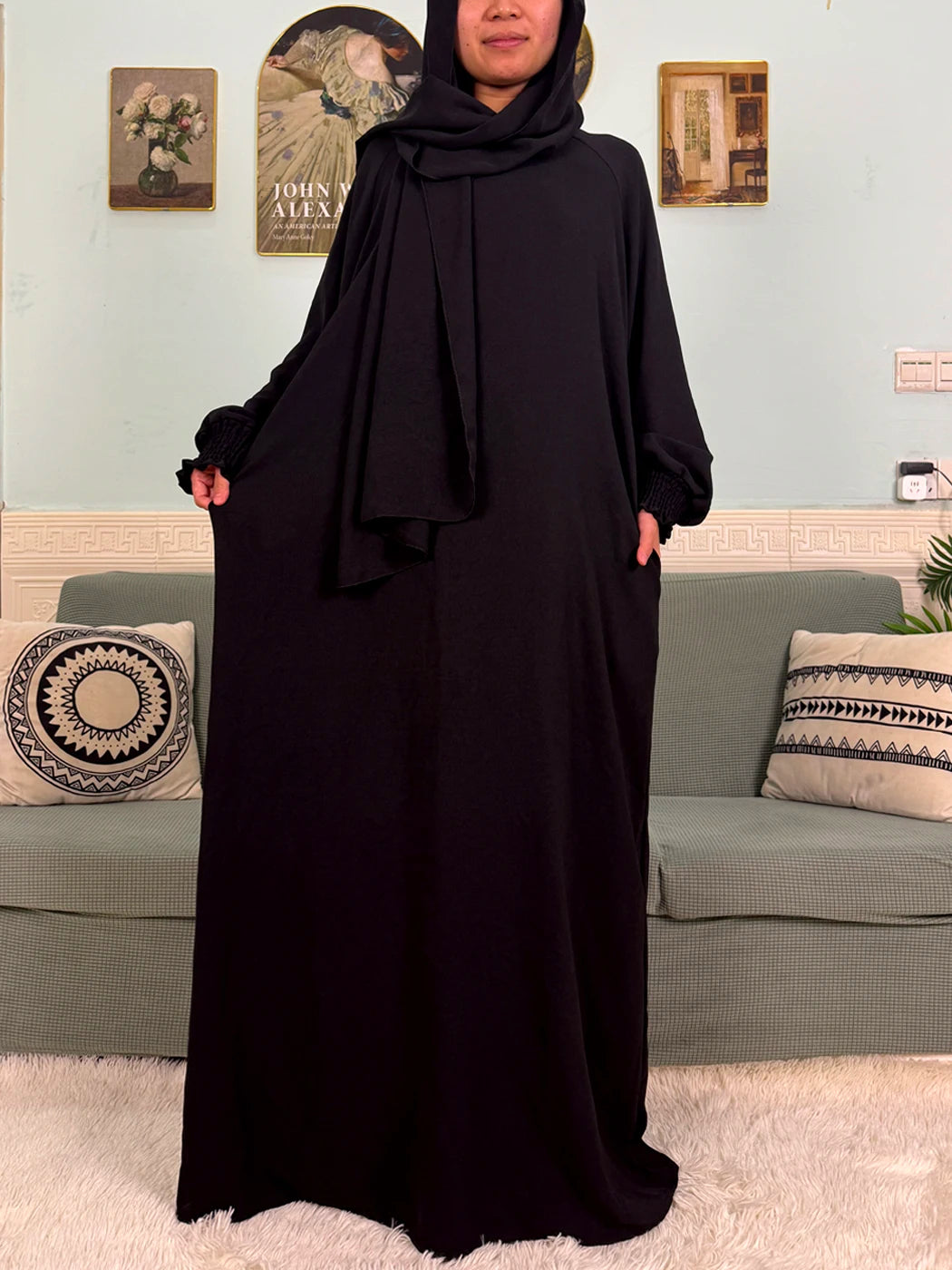 Muslim Abaya Ramadan 2025 For Women Pure Cotton Loose Prayer Femme Robe Elastic Cuffs African Dress With Connected Hijabs Scarf.