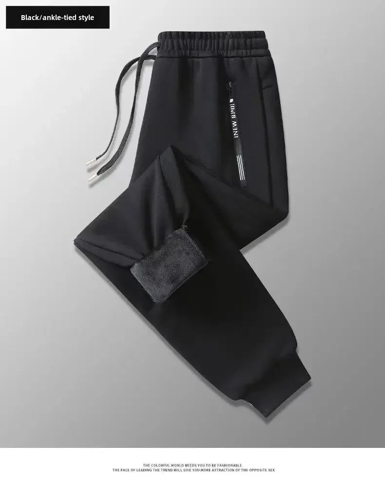 Autumn Winter Men's Loose-fit Casual Straight-leg Pants Fleece-lined Thickened Bunded Feet Sweatpants Trendy Male Style.