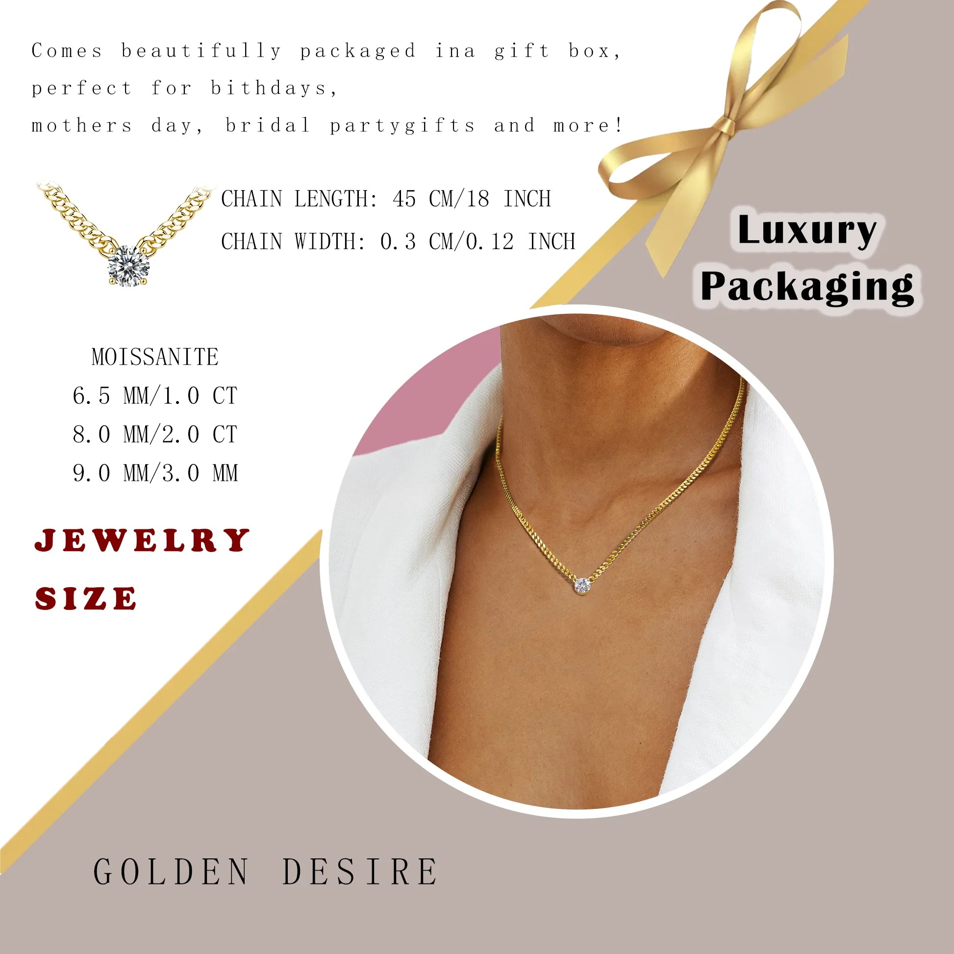 1ct 2ct 3ct Moissanite Cuban Chain Pendant Necklace - Elegant Design in 18K Gold Plated S925 Sterling Silver for Women.