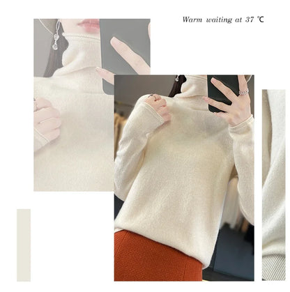 2025 100% Merino Wool Sweater Elegant Cashmere Pullover Women Pile Collar Long Sleeve Knitwear Basic Clothing  Jumper Tops.