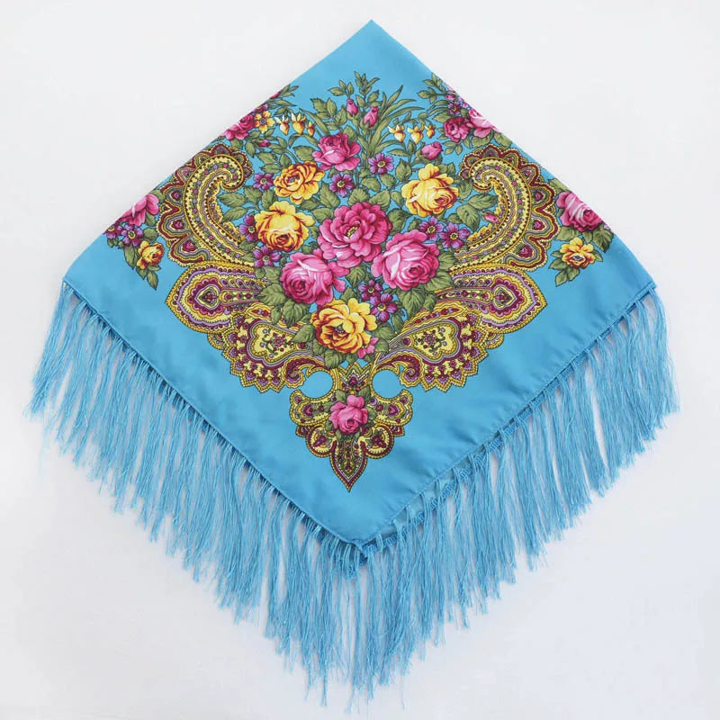 Women Luxury Floral Printed Russian Scarf Ukrainian Fringed Square Scarves Babushka Handkerchief Head Wraps Travel Shawl.