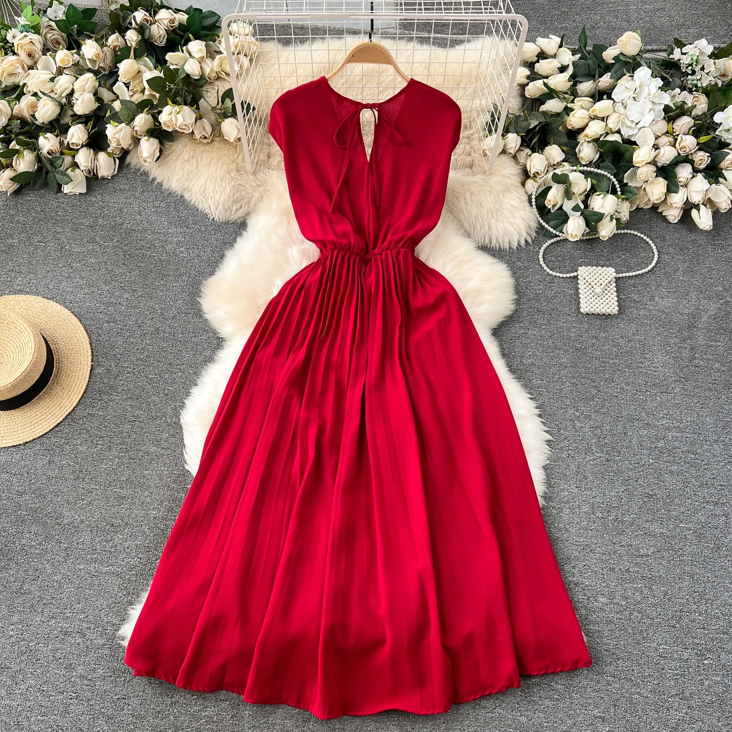 Französisch Vintage elegante Plissee Vneck Kleid A-Linie Mode Chiffon Frühling Herbst ärmellose Vestidos Frauen kleider
