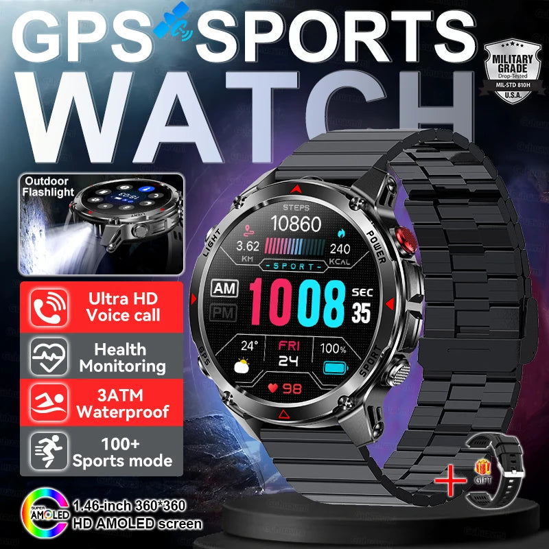Outdoor Military GPS Smartwatch For Men Build in Dual Band GNSS Compass Altitude 3ATM Waterproof Swimming Smart Watch Women 2025