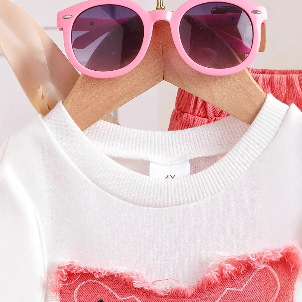 Bear Leader 2025 Summer 4-6 Year Old Streetwear Girls' Sets Sleeveless Butterfly Vest+Pink Cowboy Piercing Patch Pants 2-Pcs Set.