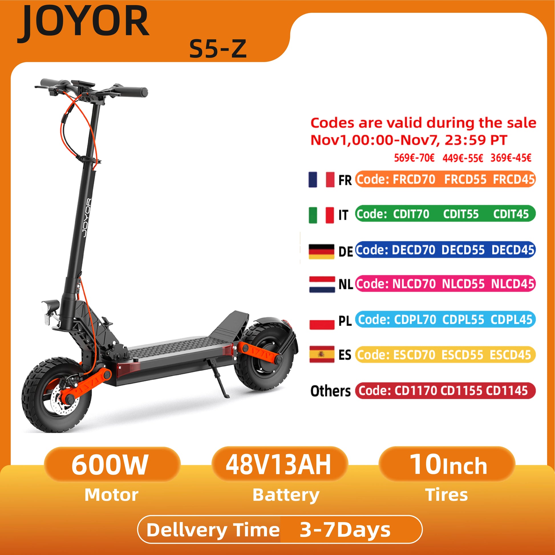 JOYOR S5-Z Electric Scooter Adults 600W Motor 48V13AH Battery City EScooter 10 Inch Off-Road Pneumatic Tires Foldable E-Scooter.