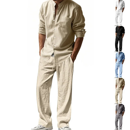 2025 Cross-border American Four Seasons Linen Men's Casual Suit Loose Long Sleeve Pants Shirt Suit Men's.