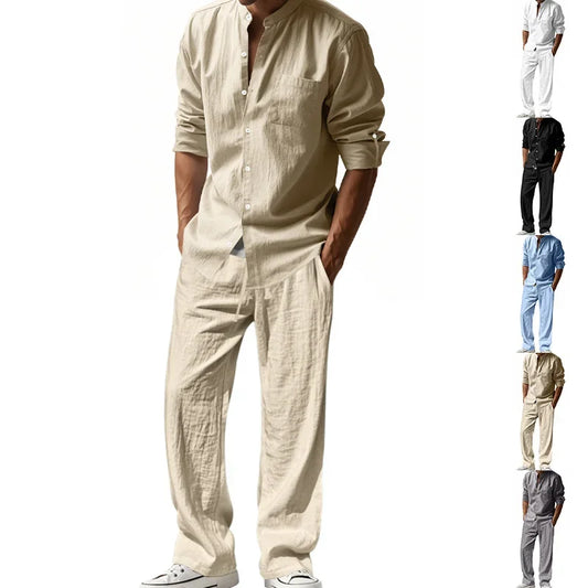 2025 Cross-border American Four Seasons Linen Men's Casual Suit Loose Long Sleeve Pants Shirt Suit Men's.