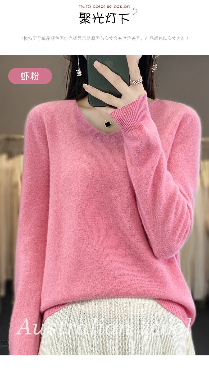 Women 100% Merino Wool Sweater V-Neck Basic Pullover Autumn Winter Cashmere Clothing Long Sleeve Soft Knitwear Tops Solid Color.