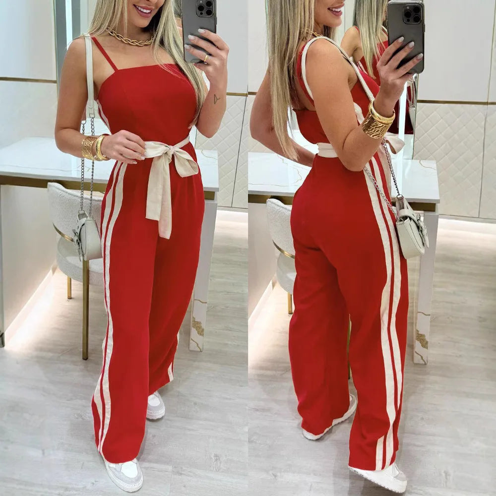 Summer Fashion Striped Camisole Jumpsuit Women Casual Camisole Striped Printed Lace Up Wide Leg Jumpsuit Women.