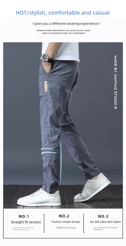 Men's Ice Silk Ultra-thin Casual Pants Korean-style Trendy Loose-fit Straight-leg Lightweight Quick-dry Long Trousers For Summer.
