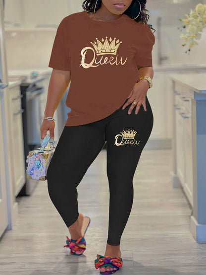 2024 New Summer Women's Printed Comfortable Casual Set 2 piece sets women outfit pants set queen letter printed Short Sleeve Top.