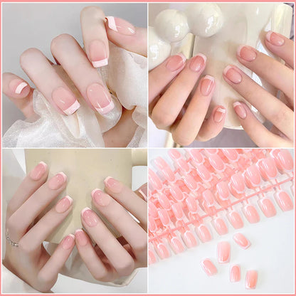 120Pcs=24*5 French Short Square Coffin False Nail White Pink Simple Wearable Fake Nails Glossy Full Cover Press on Nail Tips Art.