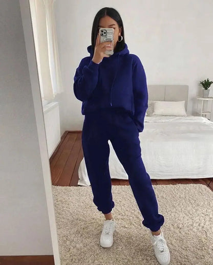 Women's Pocket Long-sleeved Hooded Sweatshirt Casual Set Autumn Winter New Solid Color Loose Sport Long Pants 2 Piece Set Female