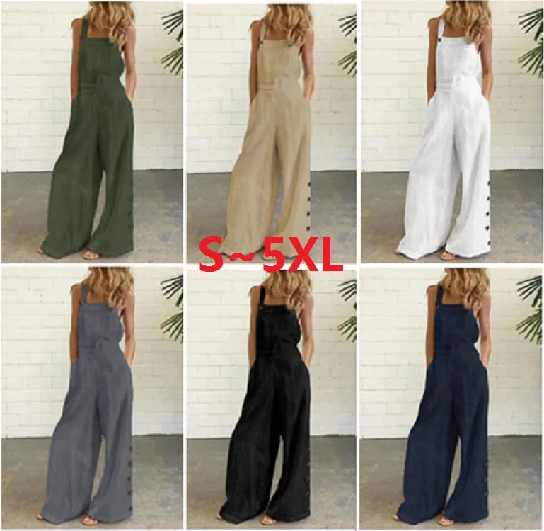 New 2021 Women's Solid Color Sleeveless Side Button Wide Leg Pocket Casual Jumpsuit Comfortable One-Piece Suiting Pants.