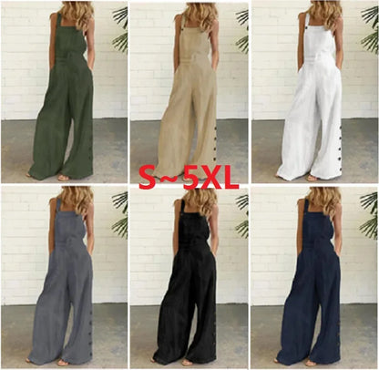 New 2021 Women's Solid Color Sleeveless Side Button Wide Leg Pocket Casual Jumpsuit Comfortable One-Piece Suiting Pants.