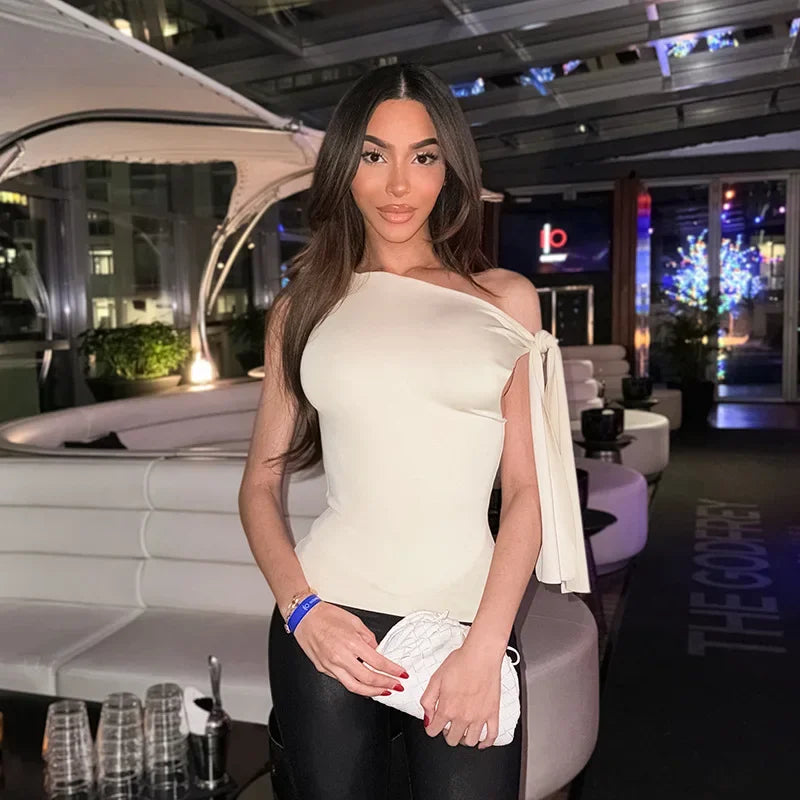 Sexy Asymmetrical Shoulder T-Shirt Women's Versatile Strapless Top Summer New Arrival Polyester Fiber One-Shoulder Sleeveless.