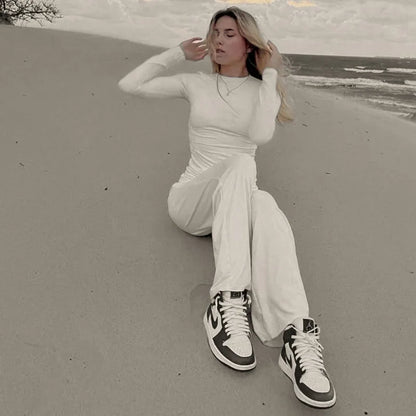 Apprabant Solid Pleated Casual Basic Trousers Set Round Neck Long Sleeve Top Fashion Sports Style High Waist Wide Leg Pants Suit