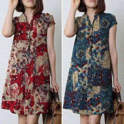 Zanzea Vintage Sommerkleid Sommer knielanges Kleid Frauen Kurzarm lässig Urlaub Kleider Bohemian Blumen gedruckt Vestidos Robe