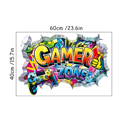 Larger Game Poster 3D Wall Hole Art Cool Gamer Zone Gamepad Vinyl Mural Stickers Home Decoration for Kids Bedroom Gaming Rooms.