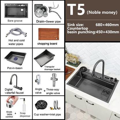Waterfall Sink Kitchen Stainless Steel Topmount Sink Large Single Slot Wash Basin With Multifunction Touch Waterfall Faucet