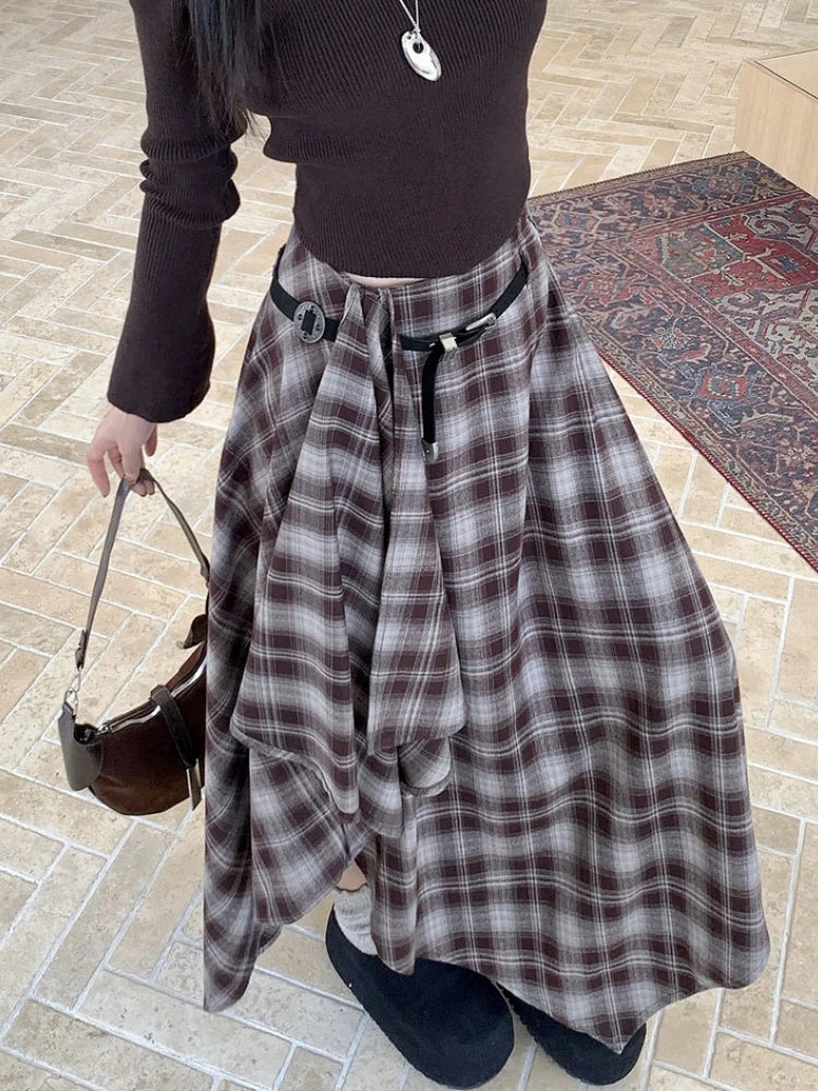Qiukichonson Long Skirts Women Woolen Skirt 2025 Goth Autumn Winter High Waist Ruffles Asymmetrical Plaid Skirt Maxi With Belt.