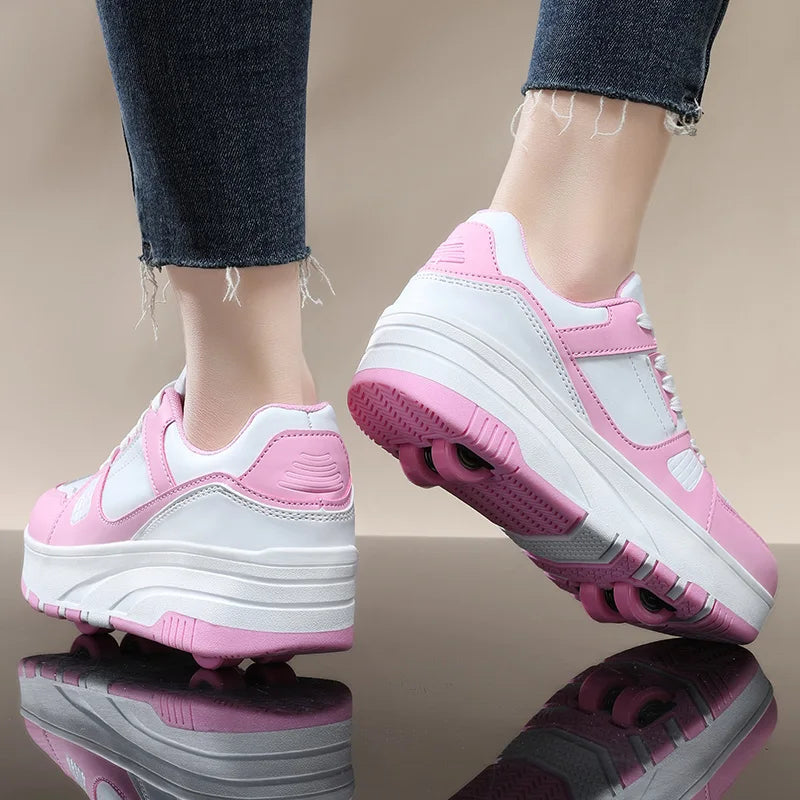 Four wheel roller shoes Boys girls walking shoes Casual outdoor sports slide and shrink school students pulleys shoes sneakers.