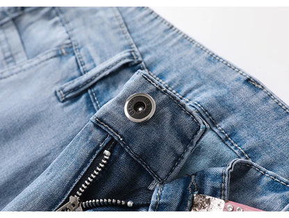 Summer Thin Men's Jeans Lyocell Fabric Soft Breathable Straight Denim Pants Brand Man Elastic Ice Silk Casual Trousers Grey Blue