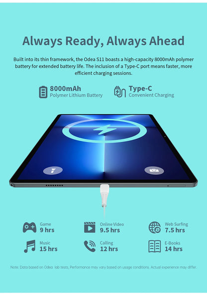 ODEA S11 Android 14 Tablet with 11" IPS 1920x1200 T606 8 Core CPU Max 16GB RAM 256GB ROM 4G LTE type C 8000mAh Widevine L1.
