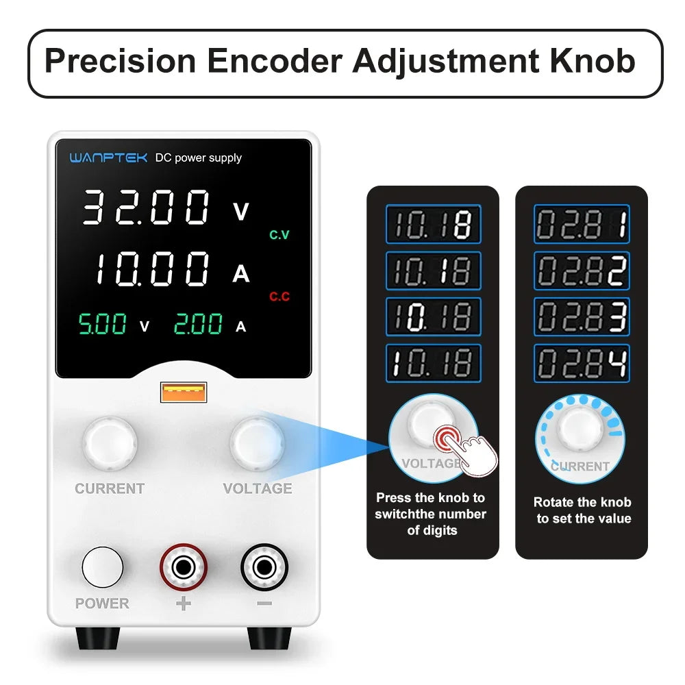 Wanptek Laboratory Power Supply 30V 5A 30V 10A 60V 5A 120V 3A Encoder Adjustment with USB Fast Charging Lab DC Power Supply.