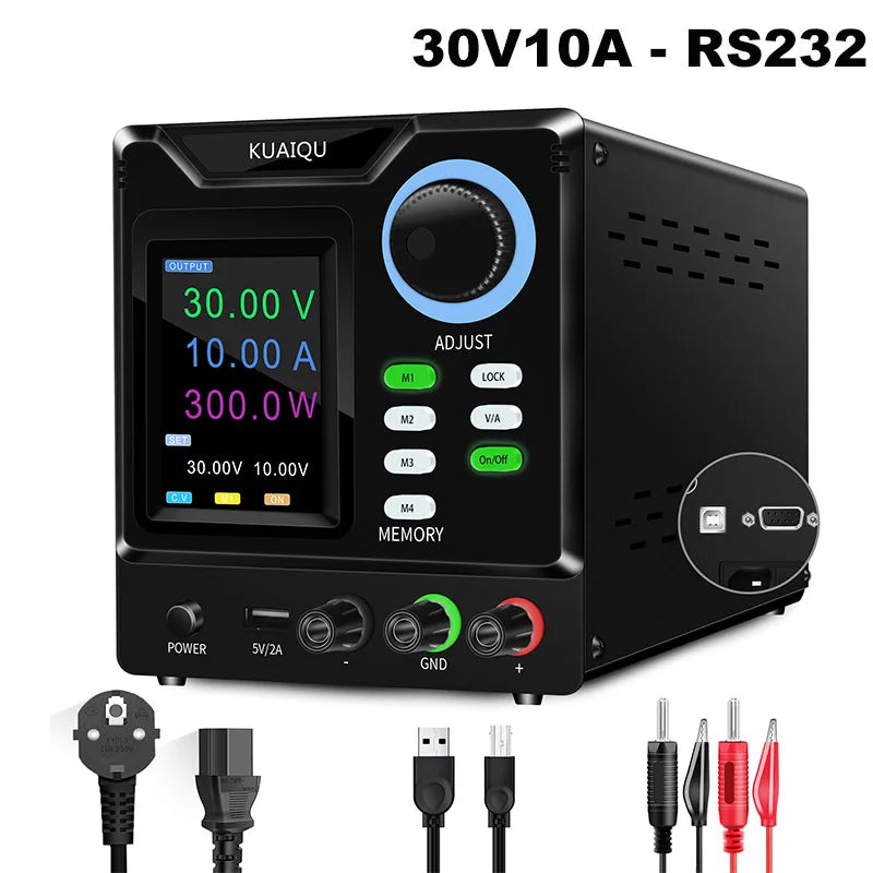 KUAIQU Programmable RS232 Communication DC Power Supply 30V 10A, Adjustable Laboratory Power Supply 60V 5A, 120V 3A, Edit Stored
