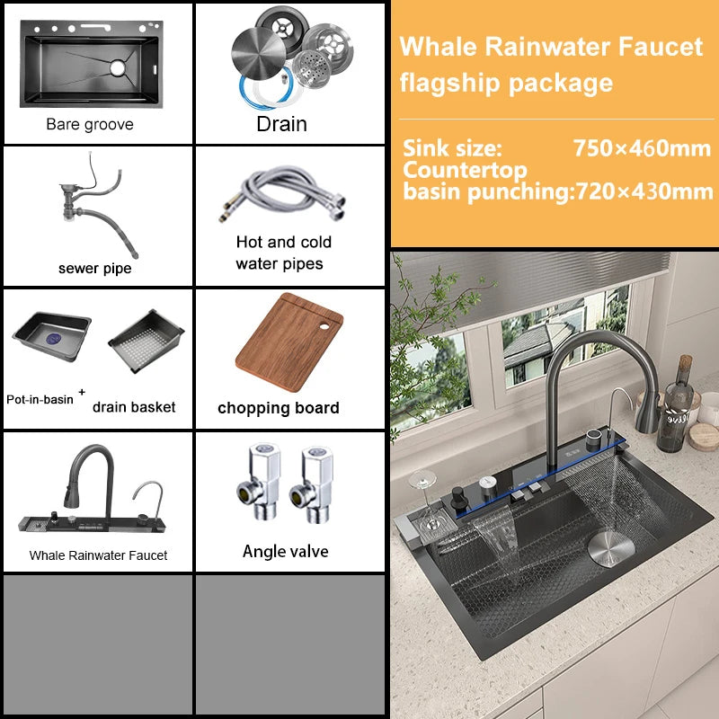 Stainless Steel Kitchen Waterfall Sink Embossed Digital Display Large Single Slot All-in-one Faucet Multi-functional Wash Bain