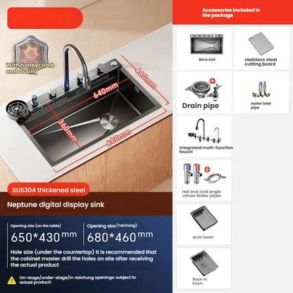 Household Intelligent Stainless Steel Kitchen Sink Digital Display Waterfall Wash Dish Basin Honeycomb Emboss Large Single Slot