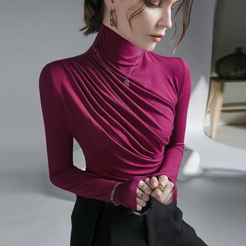 Pleated Stretch T-shirt New Spring Autumn Turtleneck Bottoming Pullover Women's Casual Elegant Basic Top Shirts Harajuku Gothic.