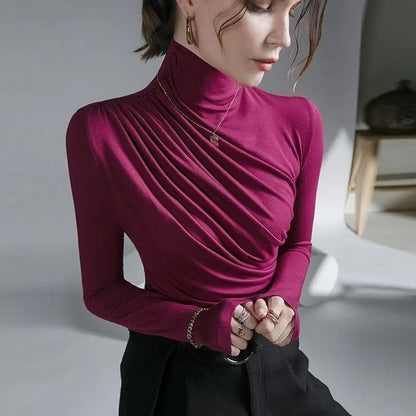 Pleated Stretch T-shirt New Spring Autumn Turtleneck Bottoming Pullover Women's Casual Elegant Basic Top Shirts Harajuku Gothic.