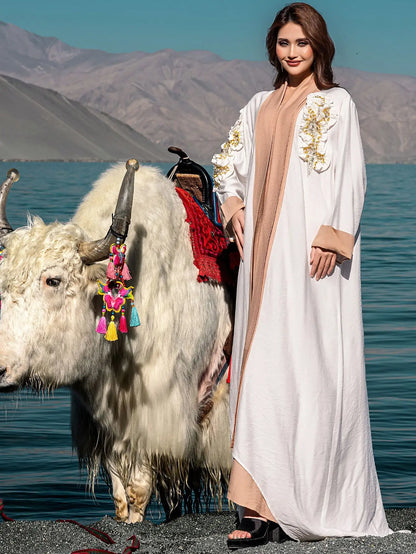 Ramadan Eid White Kimono 2 Piece Abaya Damen Dubai Luxury Set Islam Muslim Modest Dress Women Kebaya Kaftan Robe Femme Musulman.