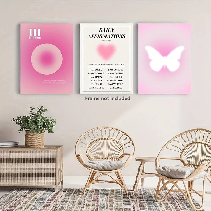 3pcs Nordic Pink Gradient Butterfly Canvas Wall Art Paintings Minimalistic Artwork Prints And Posters Pink Heart Pictures.