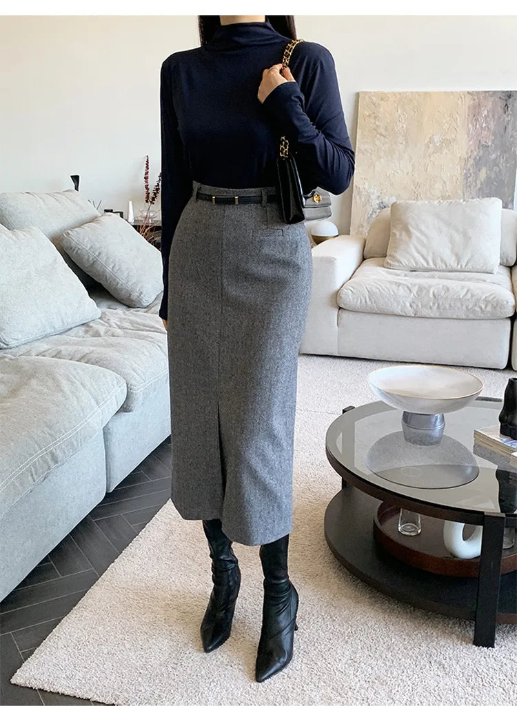 Gray Pencil Skirts Belted Elegant Women Slim Office Ladies Casual A-Line High Waist Split Midi Skirt Autumn Winter.