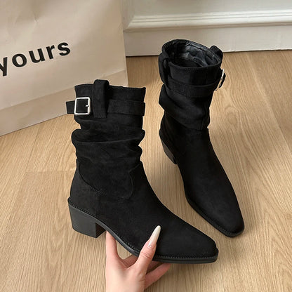Autumn Winter Suede Pointed Toe Women Ankle Boots Fashion Slip On Thick Heel Shoes Ladies Elegant Slim Short Booties