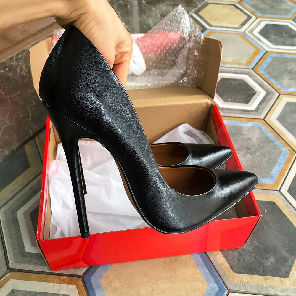 Tikicup Plus Size 40-48 Solid Black 15cm Extremely High Heel Pointy Toe Stiletto Pumps Slip On Crossdress Gragon Queen Shoes.