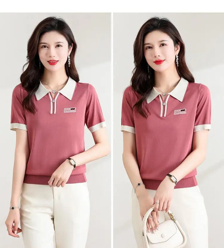Fashionable polo collar middle-aged and elderly women's loose knitwear thin casual short-sleeved T-shirt.
