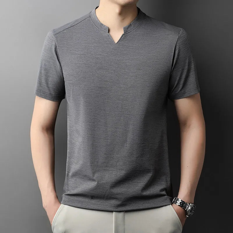 Korean Men's Casual and Fashionable Small V-neck Solid Color Short Sleeved T-shirt Comfortable Summer Versatile Top.