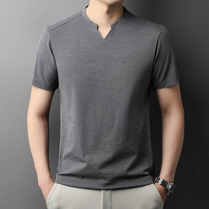 Korean Men's Casual and Fashionable Small V-neck Solid Color Short Sleeved T-shirt Comfortable Summer Versatile Top.