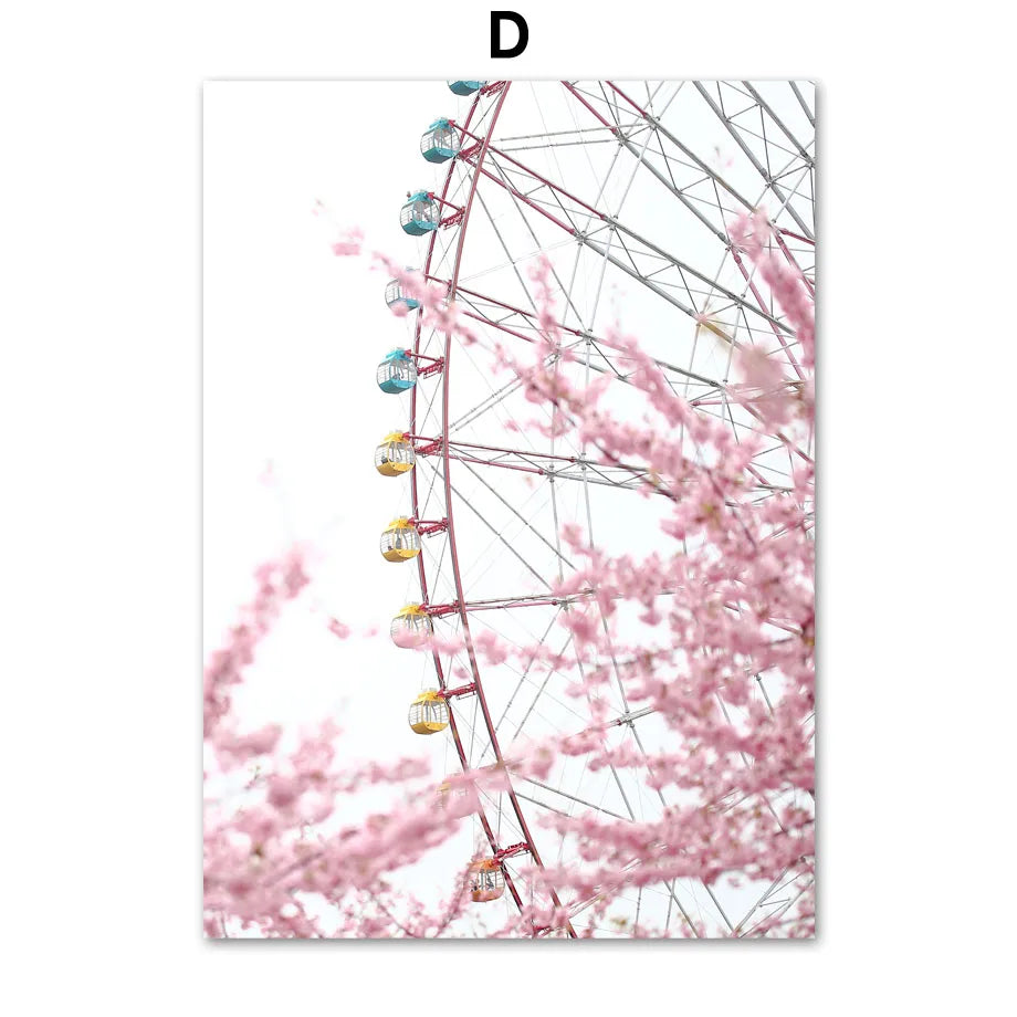 Pink Cherry Blossom Tulip Bicycle Flower Nordic Posters Ferris Wheel Wall Art Print Canvas Painting Living Room Home Decoration