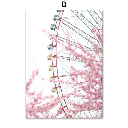 Pink Cherry Blossom Tulip Bicycle Flower Nordic Posters Ferris Wheel Wall Art Print Canvas Painting Living Room Home Decoration