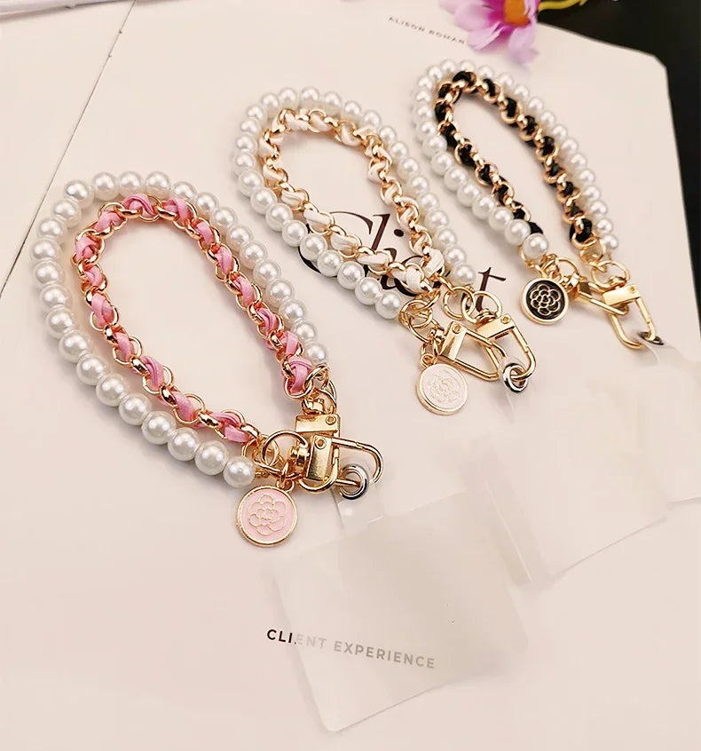 26cm Leather Pearl Camellia Mobile Phone Charm Bracelet Chain Anti-lost Universal Cell Phone Strap Rope Pendant Metal Key Chain.
