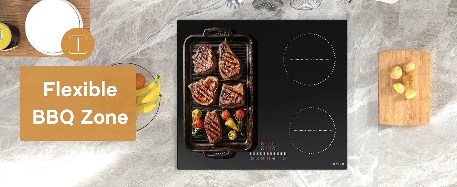 NOXTON White/Black Induction Hob Plug in, (UK:2800W/EU:3500W) 4 Zones with 1 Grill Zone, 60CM Touch, Safety Lock,Ceramic Glass.