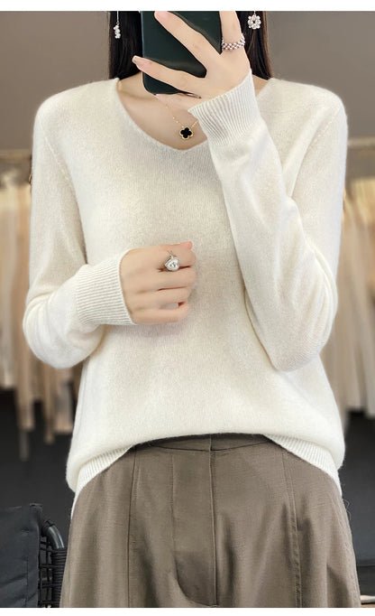 Women 100% Merino Wool Sweater V-Neck Basic Pullover Autumn Winter Cashmere Clothing Long Sleeve Soft Knitwear Tops Solid Color