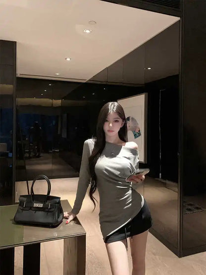 Sexy Long Sleeve T-Shirt Shoulder Bared Waist Cinched Slim Fit Knitted Cotton Solid Color Casual Urban Style for Early Autumn