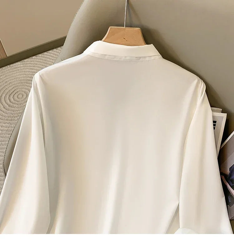 Loose Long Sleeve V-Neck Work Shirt for Women Plus Size Women's Blouses Fashion Versatile Autumn Bow Tops Trendy Business Shirts.