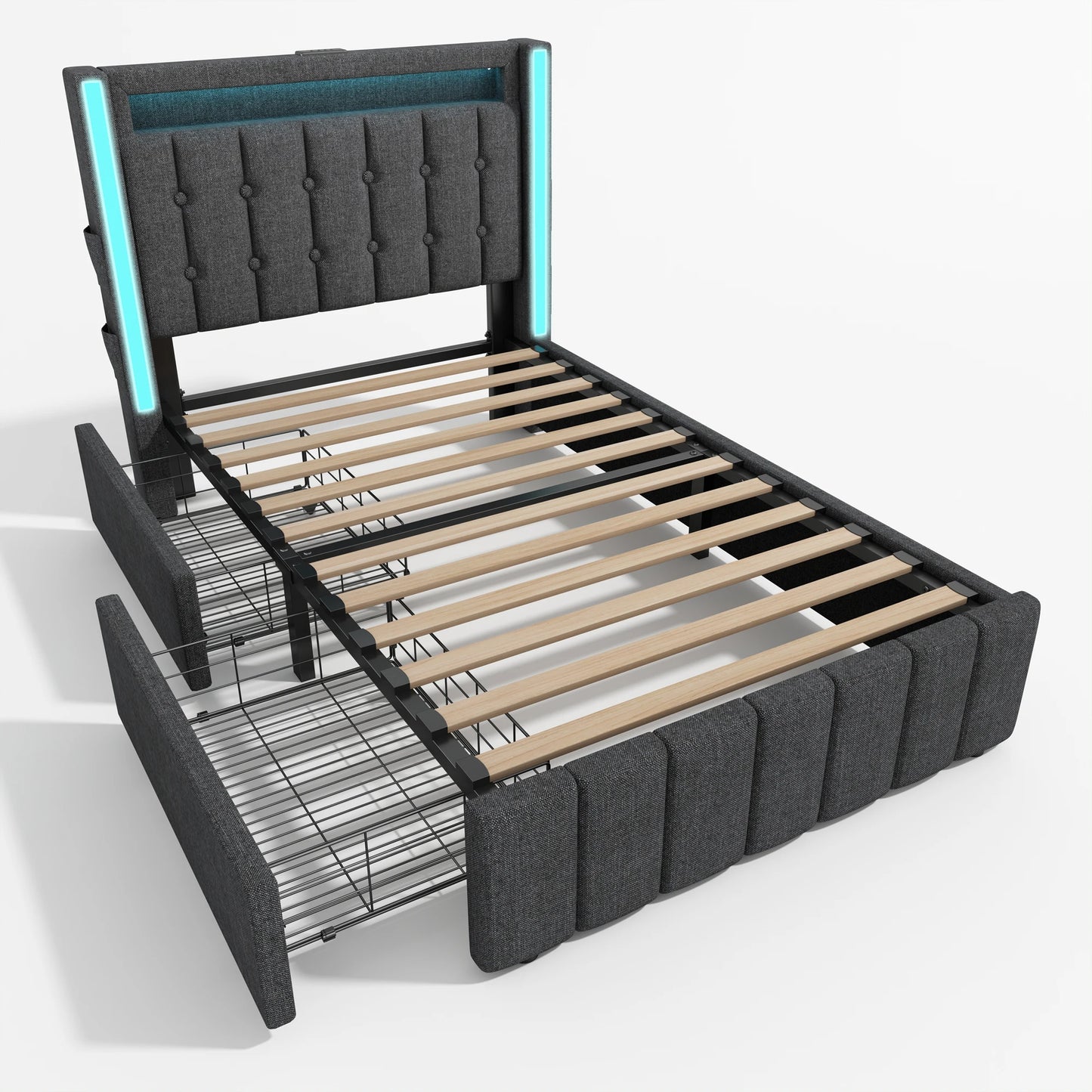 KOMHTOM Polsterbett Einzelbett Jugendbett 90x200 cm Grau - USB Typ C Ladefunktion, LED-Beleuchtung, 2 Schubladen, ohne Matratze